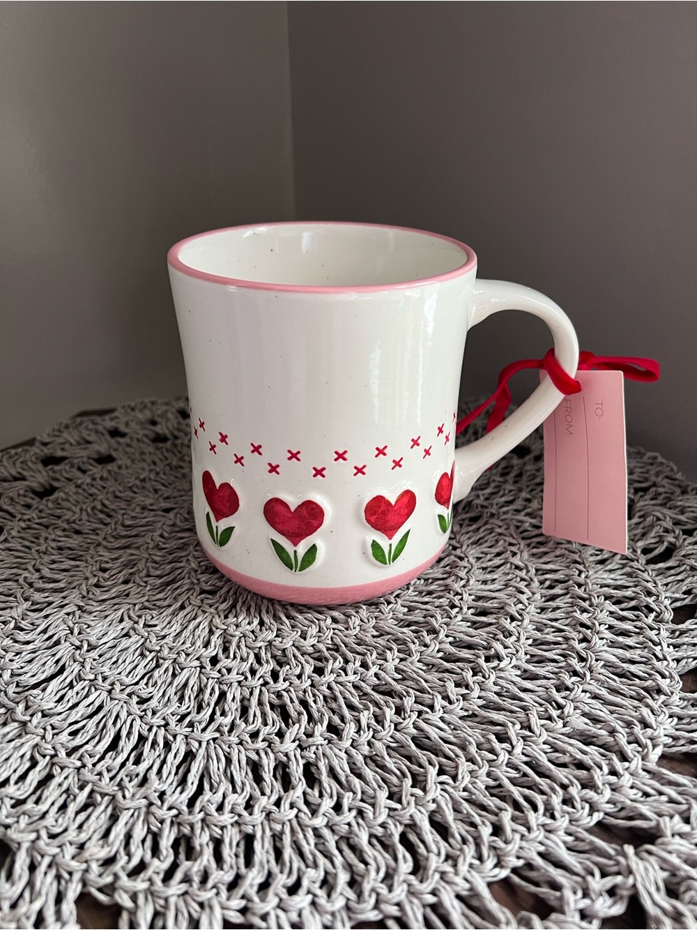 Petal & Pearl White Ceramic coffee Mug floral flowers heart cottage core granny